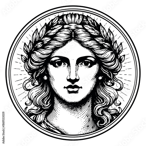 Engraved style illustration of a classical woman's face depicting a laurel wreath within a circular frame for vintage designs