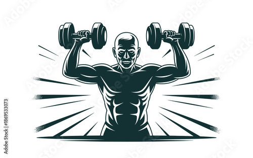 Muscular man lifting dumbbells with motion lines