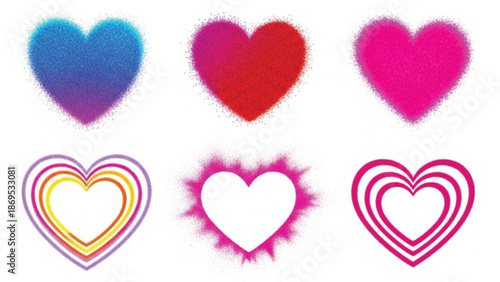 A set of six sparkling and outline hearts in various colors, isolated on white background.