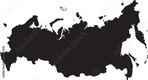 Black silhouette map shape representing the vast geographical outline of the Russian Federation country borders in isolation