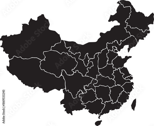 Black silhouette map illustrating the detailed administrative provincial divisions of the People's Republic of China shown clearly against a white background