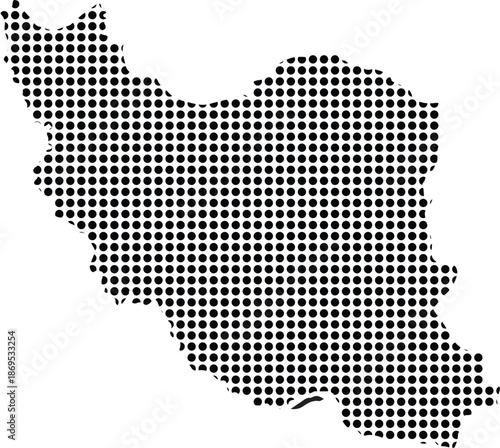 Stylized black and white dotted graphic representation of the modern political geographic map shape of Iran country