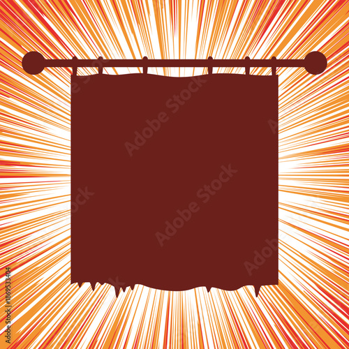 Maroon banner flag silhouette hanging on rod with vibrant orange sunburst background