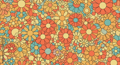 Dense and vibrant seamless floral pattern with groovy retro flowers in warm 70s colors for a psychedelic background.