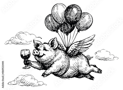Hand drawn line art illustration of a flying pig depicting it flying with balloons and a wine glass for achieving the impossible or a whimsical celebration