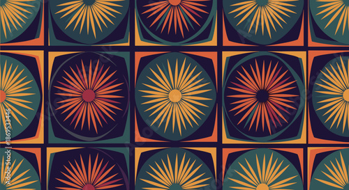 Seamless geometric pattern of stylized sunbursts inside squares creating a colorful and retro Art Deco style background.