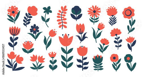 Large collection of stylized folk art flowers and botanical elements in a simple and colorful flat design style.