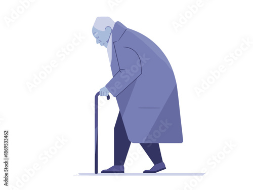 Elderly man walking with cane in stylish coat