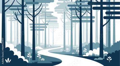 Serene forest landscape with a winding path through tall trees and lush undergrowth in a monochromatic blue palette.