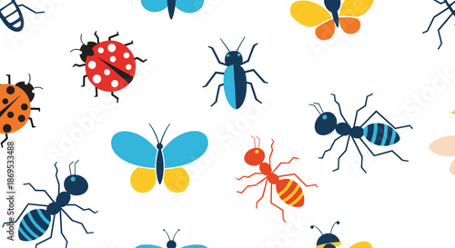 Seamless pattern with various cute cartoon insects including ants ladybugs and butterflies on a white background for kids.
