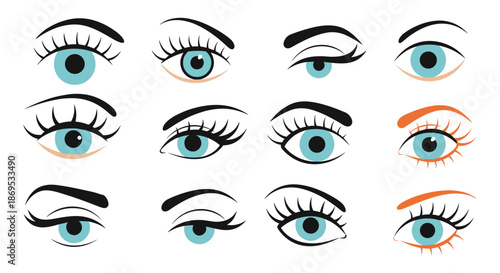 Set of various female eyes with long eyelashes and different expressions in a simple and elegant vector illustration.