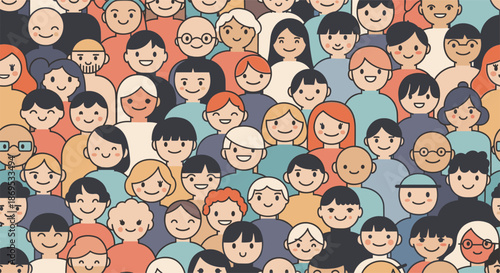 Seamless pattern of a large and diverse crowd of happy smiling people in a simple and cute doodle illustration style.