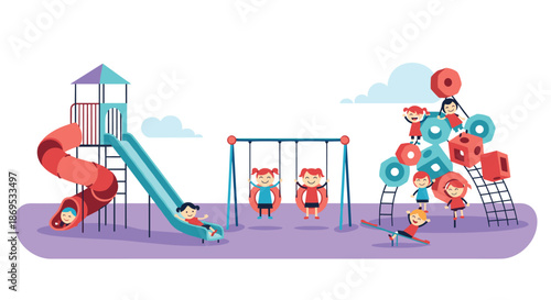 Happy children playing together in a colorful outdoor playground with a slide swings and a climbing frame.