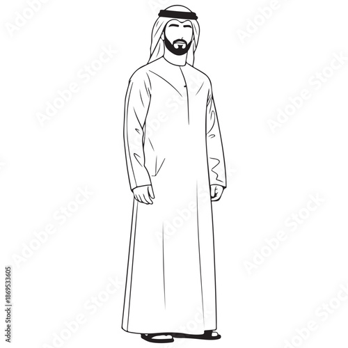 Arab Man in Traditional Keffiyeh and Thobe Line Art Illustration
