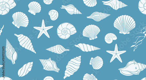 Calming seamless pattern featuring a collection of delicate white seashell illustrations scattered across a tranquil blue background.
