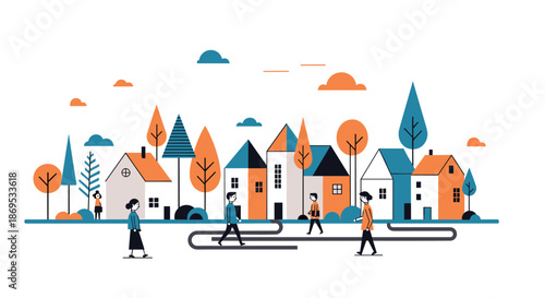 Flat vector illustration of a lively small town scene with people walking past colorful houses and trees on a clean white background.
