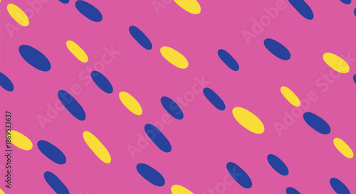 Vibrant and playful seamless pattern with scattered blue and yellow oval shapes on a bright pink background for a retro look.