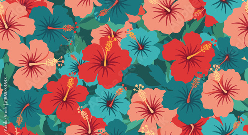 Lush tropical seamless pattern with vibrant red and teal hibiscus flowers creating a dense and beautiful floral jungle background.