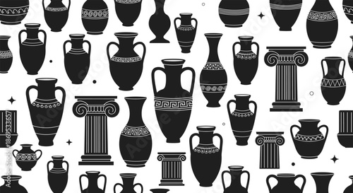 Seamless pattern featuring black silhouettes of ancient Greek vases amphorae and columns in a classical historical design.