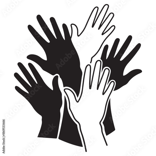 Diverse Hands Reaching Upward, Black and White Silhouette