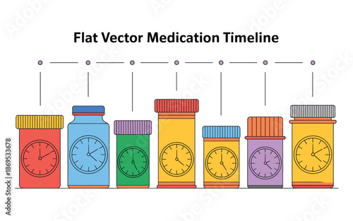 Medication schedule concept with colorful pill bottles and clocks