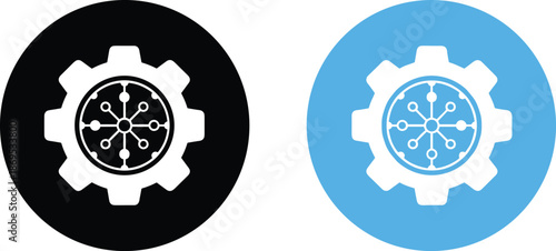 Digital technology gear icons representing network connections and automation in black and blue circular backgrounds for data processing.