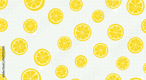 Fresh and cheerful seamless pattern with bright yellow lemon slices scattered across a subtle light green grid background.