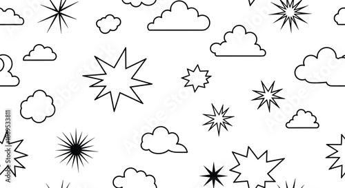 Simple black and white seamless pattern with hand-drawn cartoon clouds and various star shapes for a comic book style background.