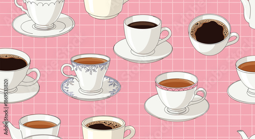 Charming seamless pattern of various vintage teacups and coffee cups on a cute pink grid background perfect for a cafe theme.