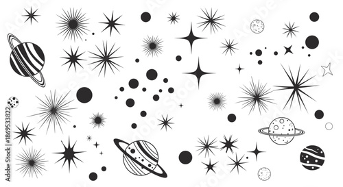 A collection of isolated black and white space-themed doodles including planets stars and galaxies in a retro mid-century style.
