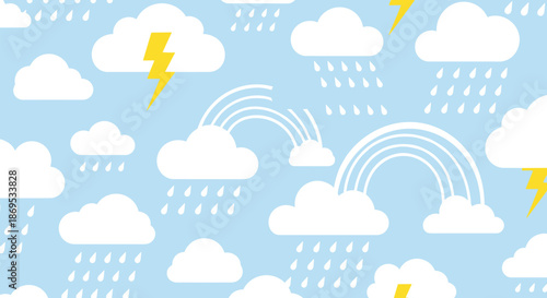 Cute and cheerful seamless weather pattern with cartoon clouds rain lightning bolts and rainbows on a bright blue sky background.