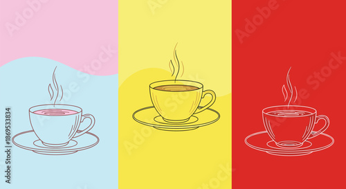 Triptych of hand-drawn steaming coffee cups on colorful backgrounds showing different line art styles for a cafe menu design.