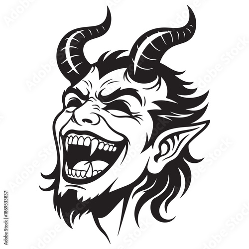 Grinning Devil Head Illustration with Horns and Sharp Teeth