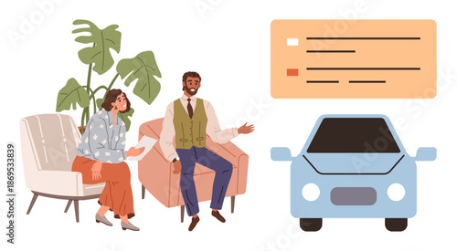Decision-making, consultation, car shopping, purchasing options, financial planning, modern consumerism. Couple talking about a car. Decision-making and car shopping concept