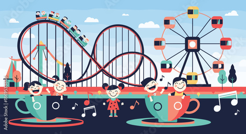 Joyful amusement park scene with happy children riding a roller coaster ferris wheel and spinning teacups in a flat design style.