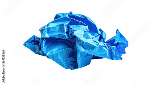 A wad of bright blue paper, crumpled and textured against a stark black background