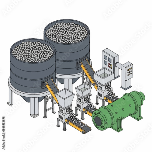 Industrial Processing Plant with Storage Silos and Conveyor System.