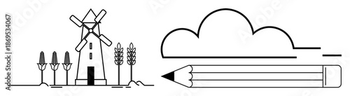 Agriculture, creativity, renewable energy, education, rural lifestyle, innovation. Windmill with crops and a pencil beside a cloud. Agriculture and creativity concepts highlighting rural development