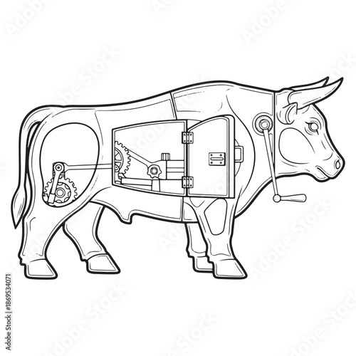 Mechanical Bull Illustration with Internal Gears and Crank