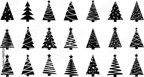 Black and white Christmas trees with various ornaments and patterns stars