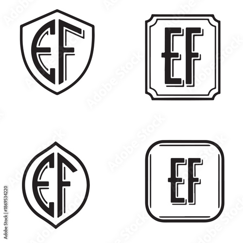 Monogram Logos with EF Letters in Shield, Square, and Oval Shapes