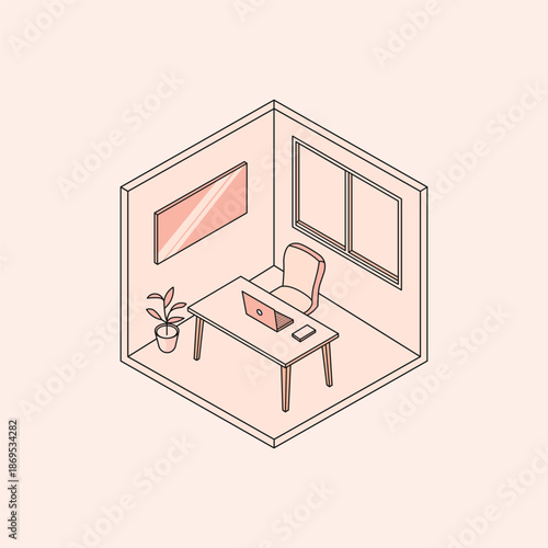 Minimal Isometric Office Room Vector Illustration with Laptop Desk and Chair