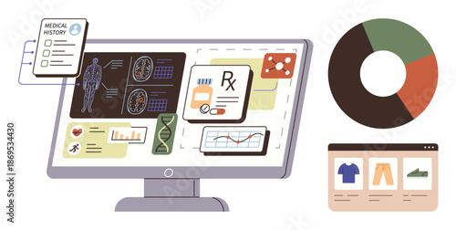 Healthcare analytics, telemedicine, data science, technology, e-commerce, research. Computer screen displaying medical records, prescriptions, diagrams with graphs and shopping cart icons