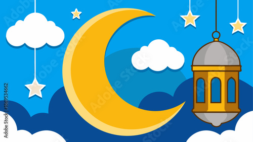 Night sky with crescent moon and lantern