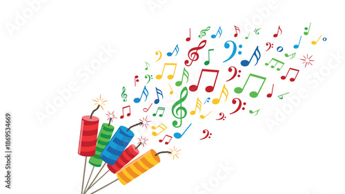 Colorful Firecrackers Exploding with Musical Notes, Generative AI.