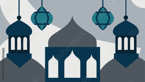 Illustrated mosque with hanging lamps