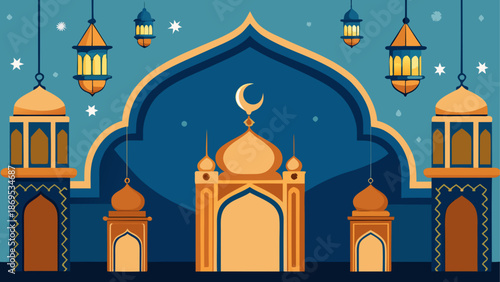 Illuminated mosque with hanging lamps