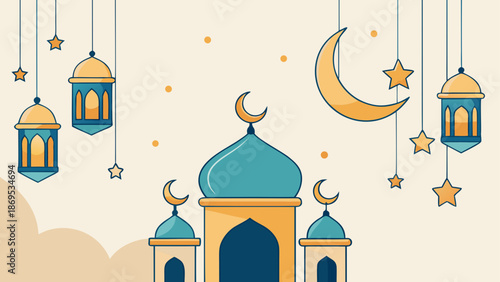 Illuminated mosque with hanging lanterns and stars