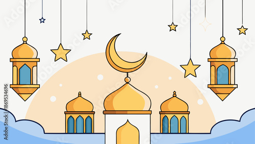 Illuminated mosque with hanging stars and crescent moon