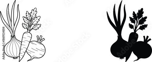 Vector line art and black silhouettes of fresh vegetables including kale carrots and onions on wooden shelves.